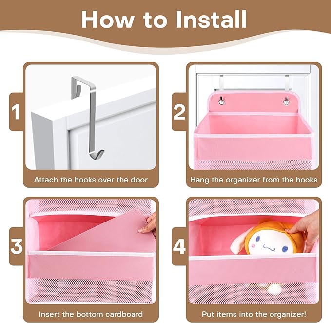 SpaceWhisper Over the Door Organizer, 4 Large Pocket Hanging Storage Organizer with 40lb Capacity, Space Saving for Nursery, Bathroom, Bedroom, Closet - Baby Essentials & Toiletry Organizer (Pink)