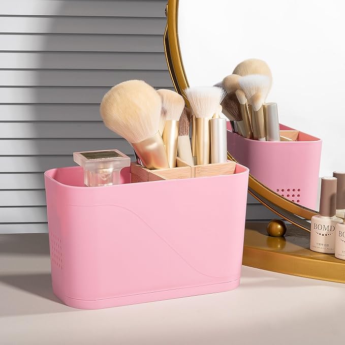 Toothbrush Holders for Bathrooms, Electric Tooth Brush Holder with Bamboo Dividers Kids Toothbrush and Toothpaste Organizer for Bathroom Countertop Accessories Storage, 4 Slots, Pink