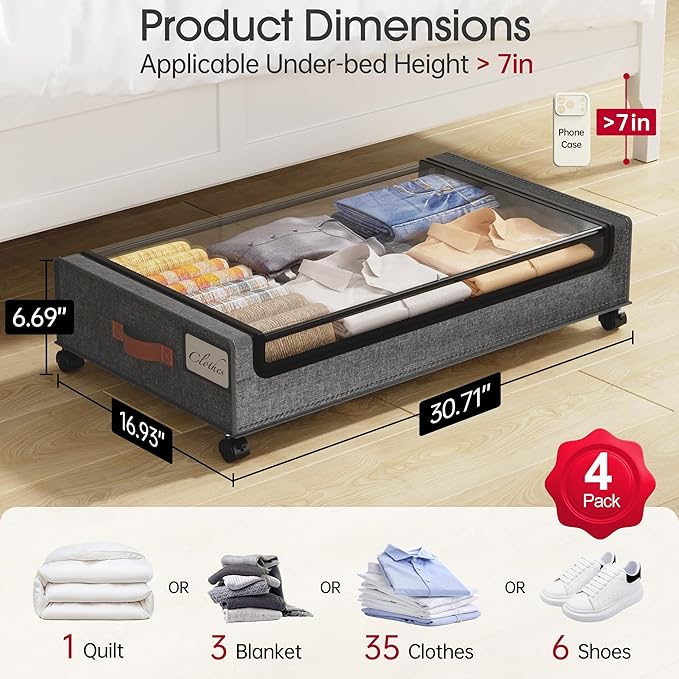 Yecaye Under Bed Storage with Wheels, 4 Pack 60L Under Bed Rolling Storage with Clear Window & Label, Underbed Storage Containers, Rolling Under Bed Metal Drawer for Clothes, Shoes, Books