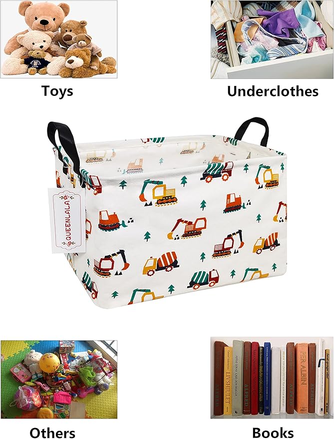 QUEENLALA Rectangular Laundry Hamper/Foldable Nursery Laundry Basket for Organizing/Storage Bin Baskets/Children Toy Office Bedroom/Toy Bin Closet Shelf Baskets (Rec-Excavator)