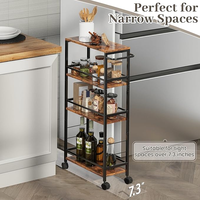Narrow Storage Cart with Wheels, 4-Tier Narrow Kitchen Carts Slim Rolling Cart, Skinny Storage Cart, Snack Cart Slim Laundry Carts with Handle for Livingroom, Diningroom, Office（Rustic Brown, Black）