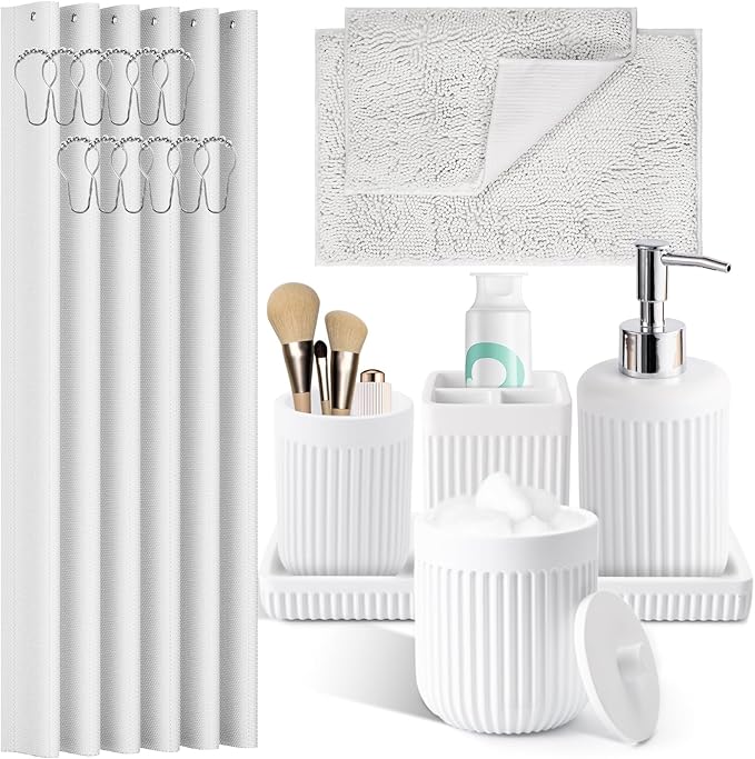 White Bathroom Sets with Shower Curtain and Rugs, 8-Piece Resin Bathroom Accessories Sets Complete with Soap Dispenser, Toothbrush Holder, Tumbler, Tray & Cotton Swab Jars Bathroom Essentials