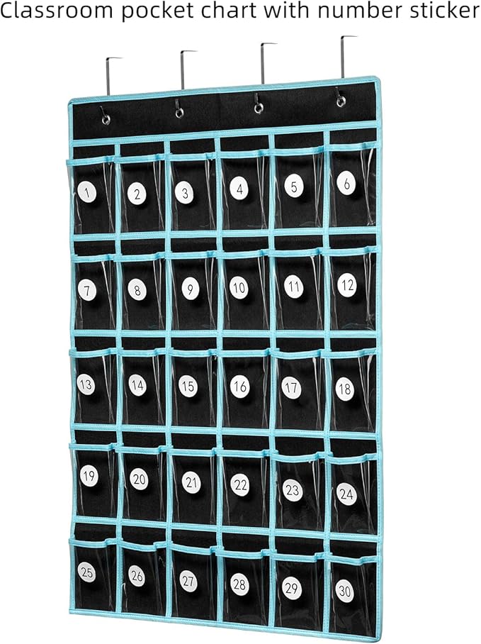 KEEPJOY Classroom Pocket Chart Organizer,Cell Phones Calculator Holder for Classroom with 30 Clear Pockets and Number Sticker Size 33.5x 24.5 Inch (2pack-black)