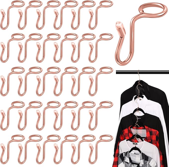 Sratte 50 Pieces Clothes Hanger Connector Hooks, Metal Clips Extender Hooks for Velvet Hangers Closet Space Saving(Rose Gold,50 Pieces)