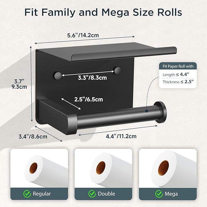 FORIOUS Toilet Paper Holder with Shelf, Adhesive or Screw Wall Mount Toilet Paper Roll Holder for Bathroom, SUS 304 Stainless Steel Commercial Toilet Tissue Holder with Storage Dispenser, Matte Black