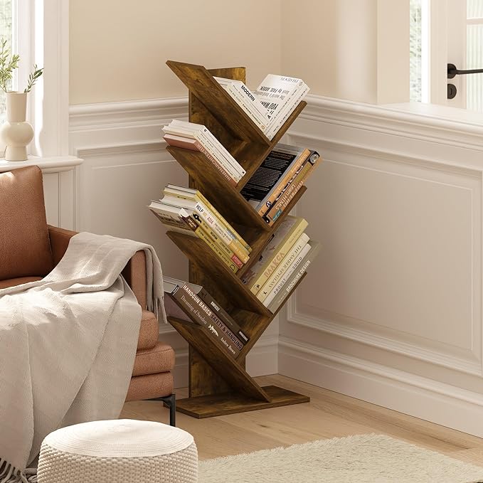 Furinno Tree Book Shelf, 7-Tier Bookshelf, Tree Bookcase for Room Decor, 8.4 x 15.7 x 39.4, for Living Room, Bedroom, Home Office, Amber Pine