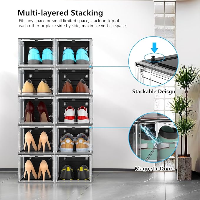 MCIJRJOI 10 Pack Hard Sturdy Thickened Rigid XX Large Shoe Storage Organizer for Closet, Clear Stackable Sneaker Shoe Boxes Rack Containers Display Case Bins with Lids, Black Clear02