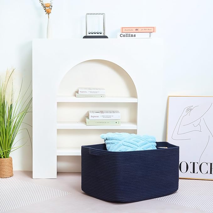 MINTWOOD Design 22in Extra Large Blanket Basket Holder Living Room, Rectangle Rope Woven Storage Basket with Handles for Laundry, Pool Towels, and Shoes, Dog Toy Organizer Bin Box, Full Navy
