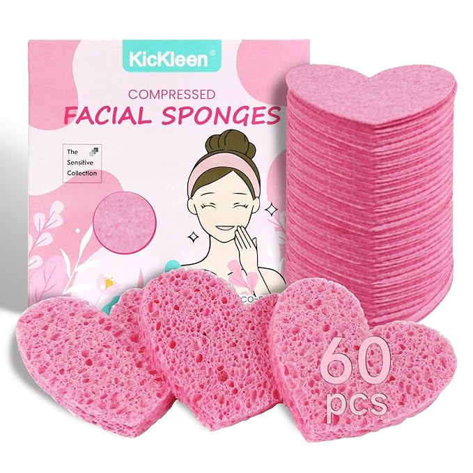 60-Count Kickleen Compressed Cellulose Heart Shape Facial Sponges | 100% Natural Cosmetic Spa Sponges for Facial Cleansing | Exfoliating | Makeup and Mask Removal | Reusable |Skin Massage (Pink)