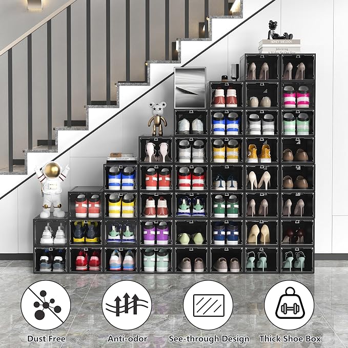 MCIJRJOI 12 Pack Hard Sturdy Thickened Rigid XX Large Shoe Storage Organizer for Closet, Clear Stackable Sneaker Shoe Boxes Rack Containers Display Case Bins with Lids, Black03