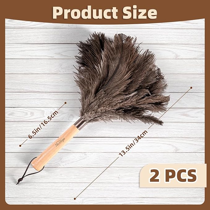 2 Pack Ostrich Feather Dusters with Wooden Handle, 13.5 inch Natural Fluffy Feather Dusters for Dusting Home, Car, Delicate Surfaces, Reusable Soft Cleaning Tools for Ledges, Blinds