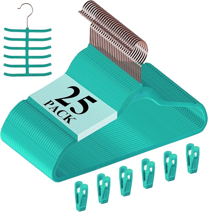 VECELO Premium Velvet Clothes Hangers Suit Heavy Duty (25 Pack)-Non Slip & Space-Saving with 6 Finger Clips & Tie Rack Excellent for Men and Women，Light Teal