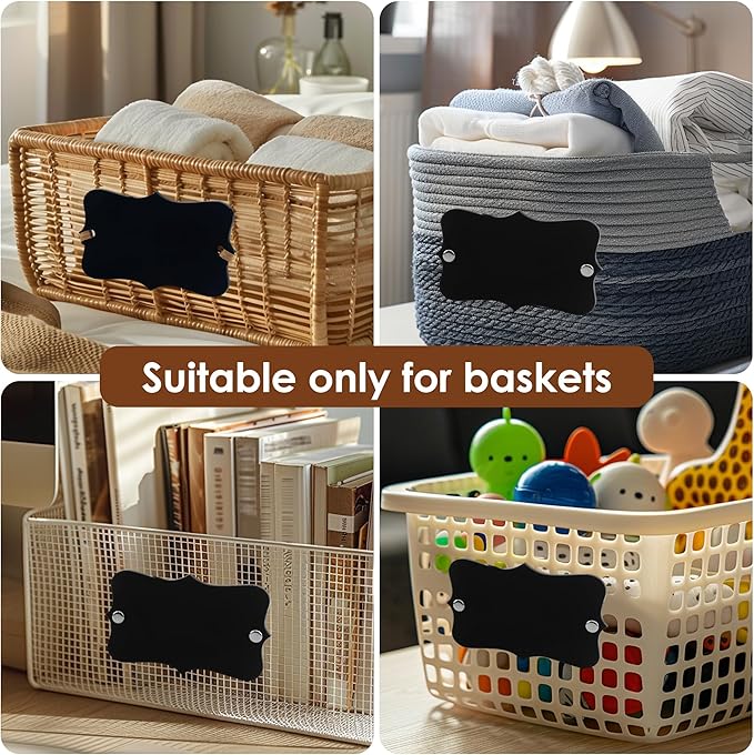 Temlum 18 Pcs Acrylic Basket Labels, Storage Tags with Chalk Marker Removable Label for Wire, Wicker, Woven Baskets & Pantry Storage (Wavy Shape 01, Black)
