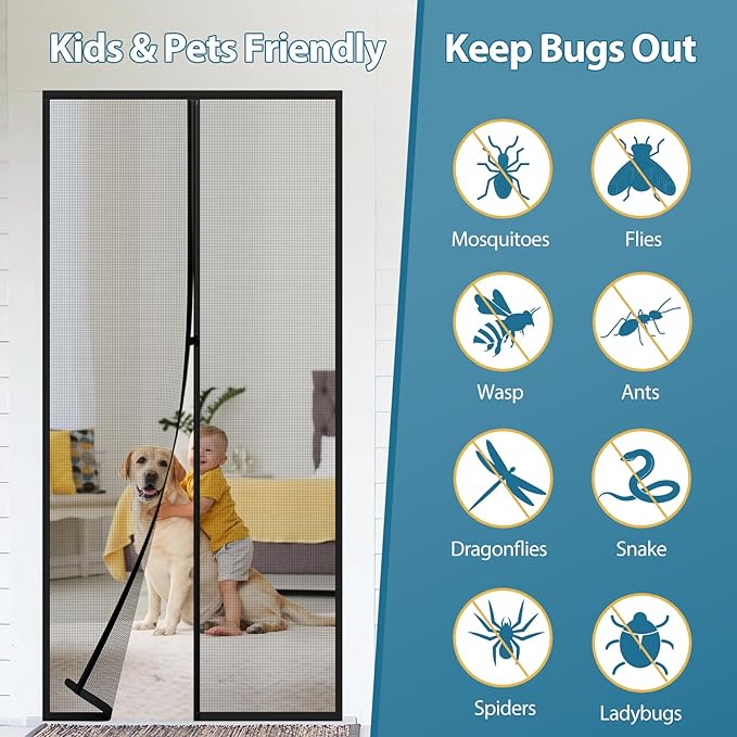 Magnetic Screen Door Mesh - Clear View Door Screen Mesh Size 38"x83" Fit Door 36 x 82 Inch,Heavy Duty Screen Door with Magnet Self-Closing & Windproof Hasp,Keep Bugs Out, Kid & Pet Friendly