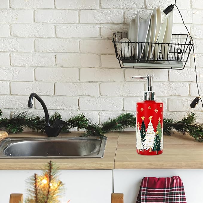 JarThenaAMCS Christmas Soap Dispenser Red Gold Xmas Tree Glass Hand Dispenser with Pump Refillable Liquid Soap Container for Home Kitchen Bathroom Countertop