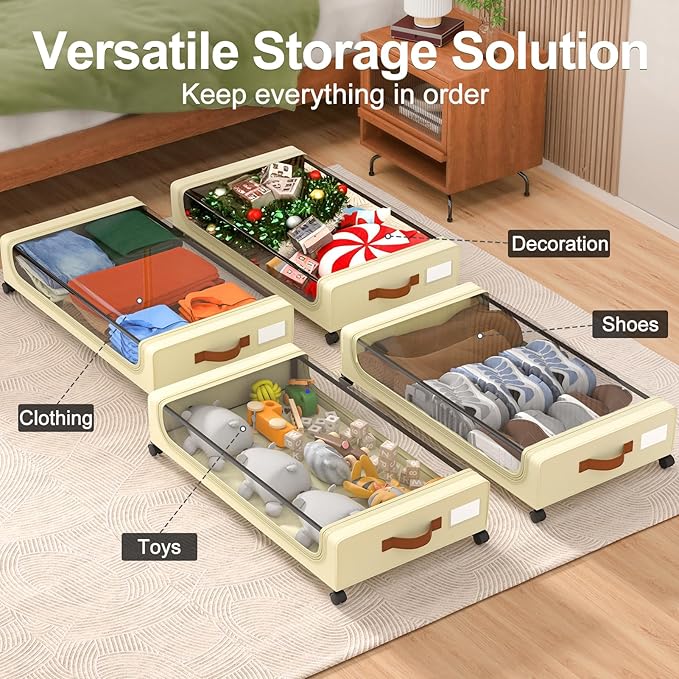 GoMaihe Under Bed Storage with Wheels:48L Underbed Storage Containers with Lids - Rolling Bins for Shoes Clothes in Dorm Bedroom - Metal Drawers Easy Pull-out Beige 4-Pack