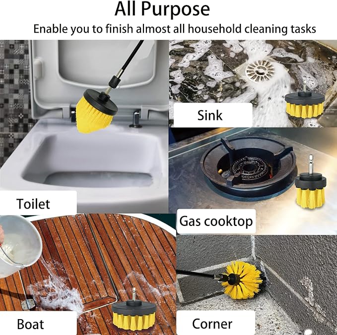 Drill Brush Attachment Set, 7 Pack 1/4in Power Scrubber Brush + Extend Long Rod, Power Cleaning Scrub Brush for Bathroom, Tub, Tile, Floor, Grout, Boat(White)
