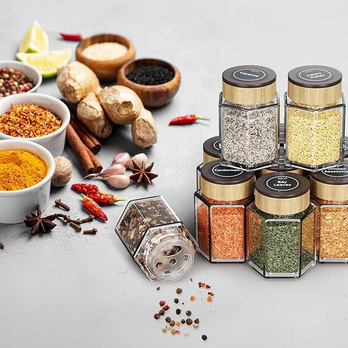 Set of 18 Magnetic Glass Spice Tins with 100 Preprinted Seasoning Label Stickers (Include Black Metal Wall-Plates)