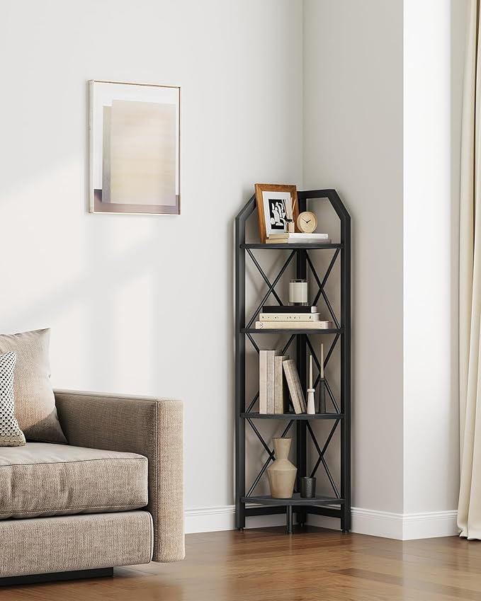4-Tier Corner Shelf, Industrial Corner Bookshelf, 47.6" Corner Storage Stand, Plant Stand Display Shelf, Corner Bookcase for Bedroom, Living Room, Home Office, Black TCJ09BB