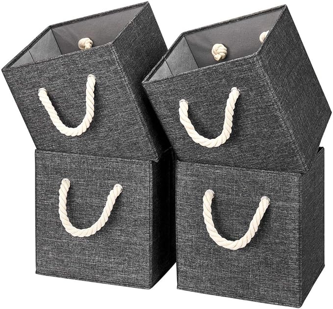 i BKGOO Foldable Storage Cube Bins Black Linen Fabric Collapsible Resistant Basket Box Organizer with Cotton Rope Handle for Home Office and Nursery 10.5x10.5x11 inch