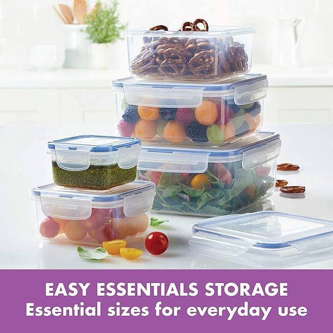 LOCK & LOCK Easy Essentials Food Storage lids/Airtight containers, BPA Free, 10 Piece - Square, Clear (Pack of 3)