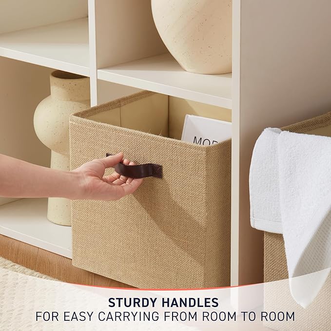 Ornavo Home 13 x 13 Storage Cube Bins, 6 Pack Jute Baskets, Fabric Storage Bins Shelf Basket Cube Organizer for Closet Foldable Collapsible with Leather Handles