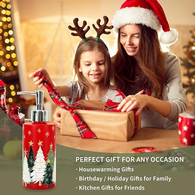 JarThenaAMCS Christmas Soap Dispenser Red Gold Xmas Tree Glass Hand Dispenser with Pump Refillable Liquid Soap Container for Home Kitchen Bathroom Countertop