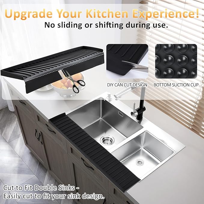 Sink Edge Protector with Suction Cup 4"x24", Silicone Sink Splash Guard for Kitchen & Bathroom, Protect Countertop from Scratches, Stains, for Stainless Steel Granite Quartz-Black