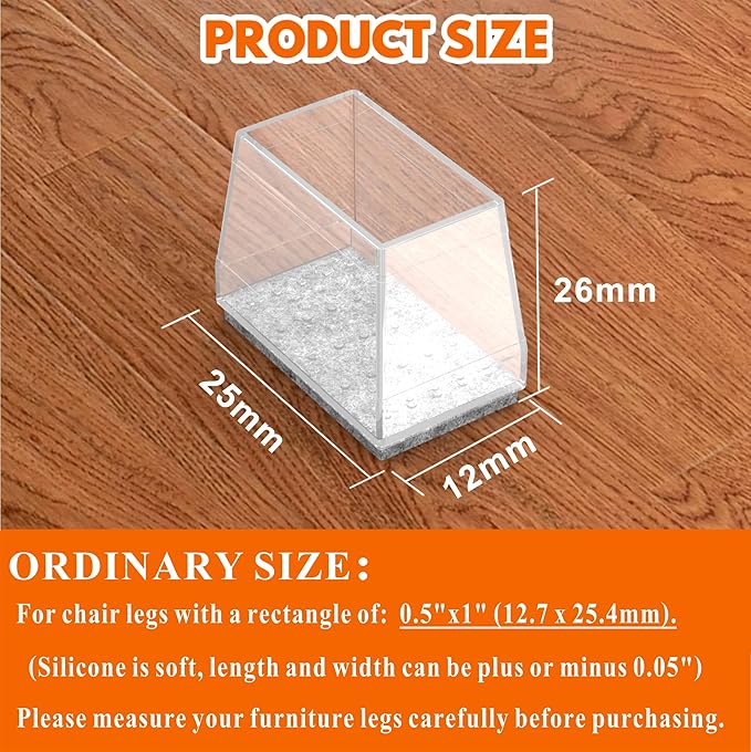 Rectangle Chair Leg Protectors for Hardwood Floors,16 PCS Silicone Covers to Protect Wood Tile Floors Felt Pads Furniture Leg Caps Reduce Noise. Easy to Move. (Clear,Fit Perimeter 4" to 4.25")