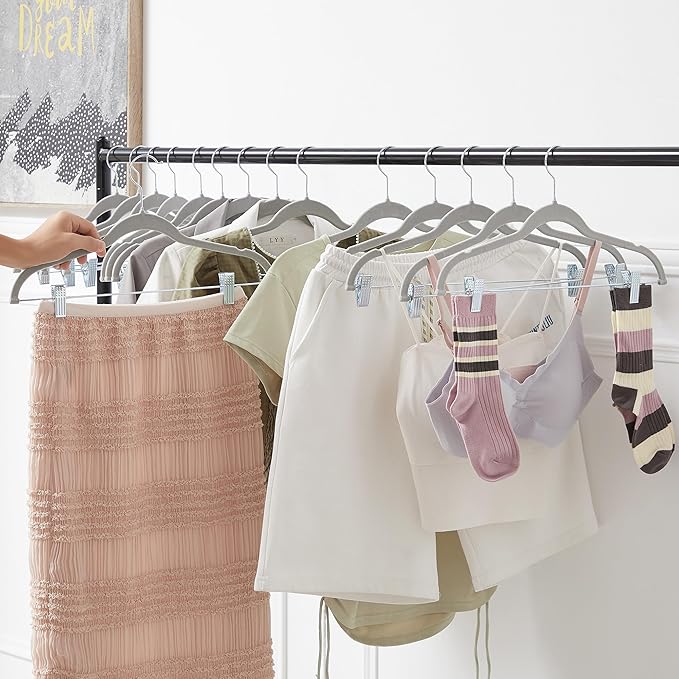 VECELO 40 Pack Velvet Clothes Hangers with Adjustable Clips,Heavy-Duty Non Slip & Space-Saving with 1 Magic Hangers & 2 Tie Rack for Suit Coat Pants Skirt Dresses