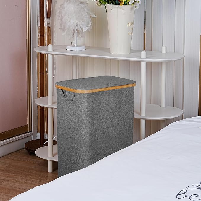 Laundry Basket with Wheels,100L Hampers for Laundry,Large Laundry Hamper with Lid and Bamboo Handles,Collapsible & Waterproof Tall Cloth Hamper for Dormitory Family,Grey