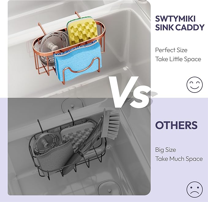 SWTYMIKI Sink Caddy - Movable Stainless Steel Hanging Organizer with M Shape Hook, Fits Double Sink, Rose Gold