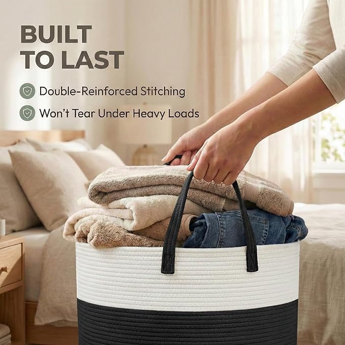 65L Extra Large Blanket Basket for Living Room - Woven Cotton Rope Laundry Hamper with Reinforced Handles - Storage Bin for Pillows, Comforters & Toys - Machine Washable,White&Black