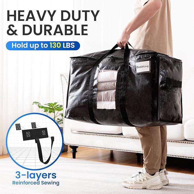 TAILI Extra Large Moving Bags, 10 Pack Black Heavy Duty Totes for Storage with Visible Window, Wrap Around Handles, Storage Bags for Space Saving, Alternative to Moving Boxes