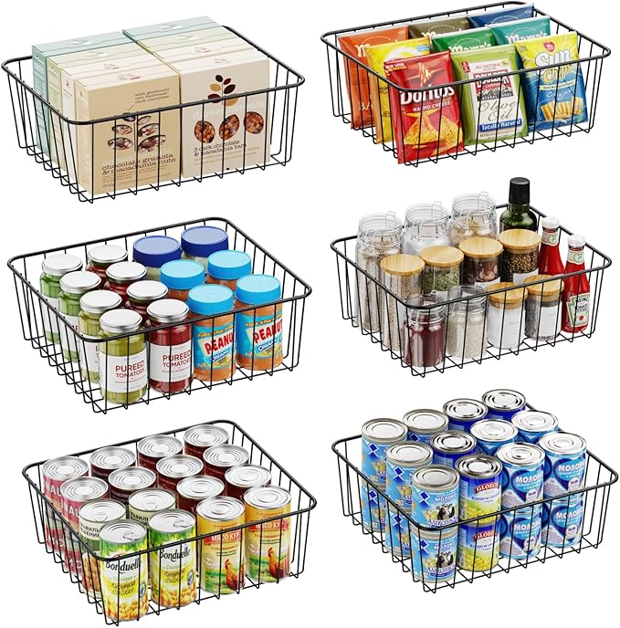 iSPECLE Wire Basket - 6 Pack Small Wire Storage Baskets Organizer Bins, Pantry Cabinet Shelf Kithen Storage Organization for Easily Get Items, Black