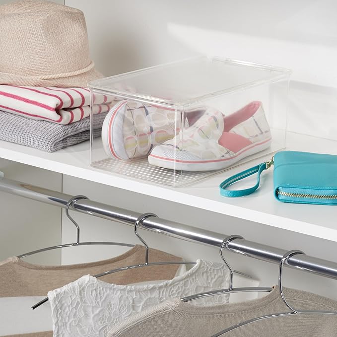 iDesign Stackable Shoe Box with Hinged-Lid for Wedges or Sandals, Set of 2, Clear, Made in USA