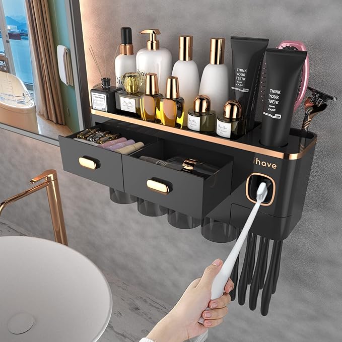 iHave Toothbrush Holders Wall Mounted with Toothpaste Dispenser & 4 Cups - Luxury Black and Gold Design for Bathroom Decor, All-in-One Bathroom Organizers & Storage for Toothbrushes and Accessories