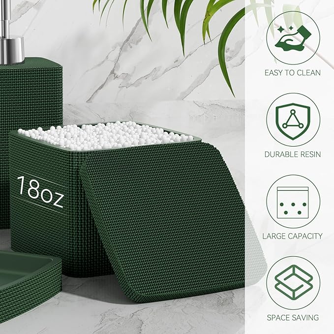 Dark Green Bathroom Accessories Set 5 Pieces, Resin Toothbrush Holders Set Complete with Soap Dispenser, Toothbrush Holder, Vanity Tray, Bathroom Tumbler and Qtip Holder for Small Spaces