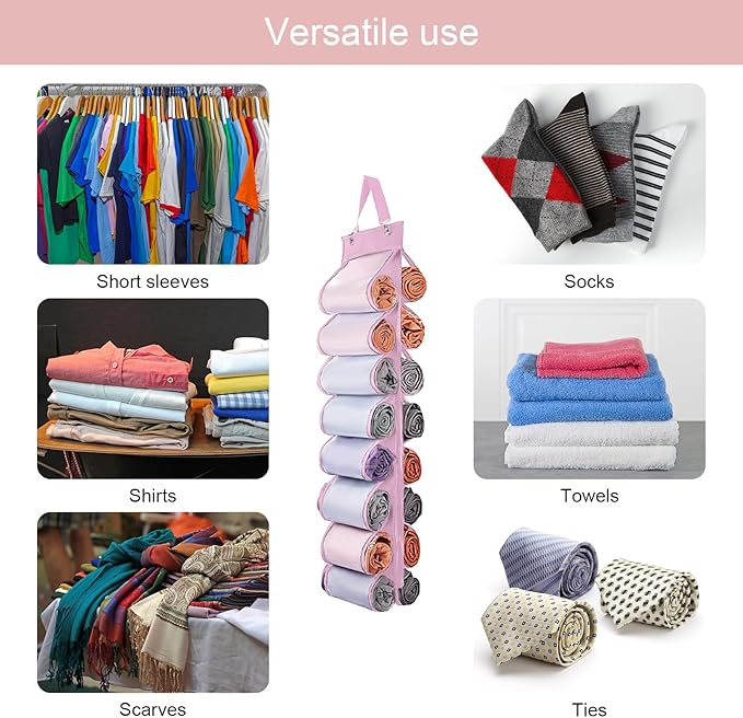 Legging Organizer Storage, 2PCS T Shirt Organizer, Foldable Hanging Closet Organizer Storage with 16 Roll Independent Compartments for Yoga Pants, Tank Top, Towel, Underwear (Pink)