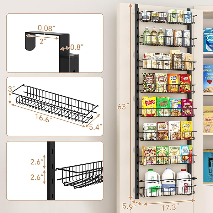 MIAOLI Over the Door Pantry Organizer, 8-Tier Adjustable Spice Rack Cabinet Door Shelves, Hanging Seasoning Organizer for Kitchen Bathroom, Laundry Room Organization, Black