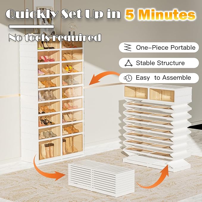 9-Tier Portable Shoe Rack Organizer for Closet, 36 Pairs Shoe Container Bins, Clear Plastic Collapsible Shoes Storage Box, Stackable Sneaker Storage Shoe Cabinet with Door