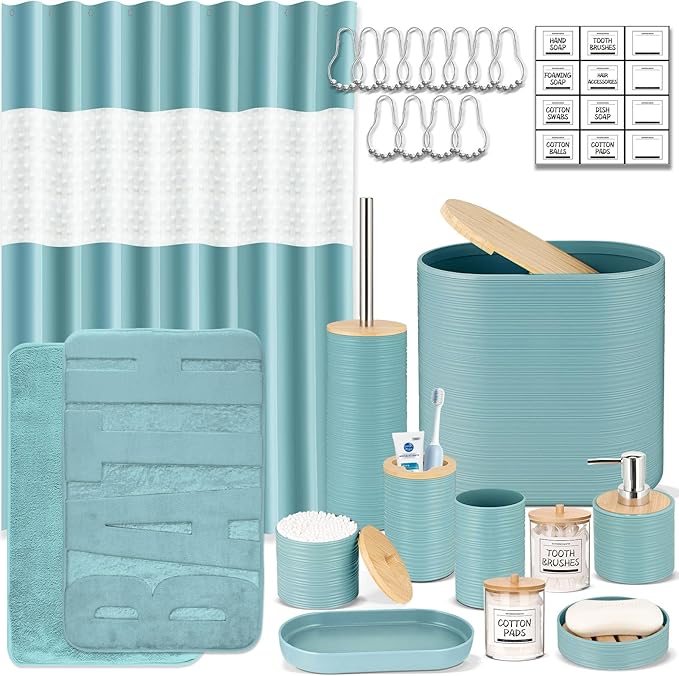 IMAVO Blue Bathroom Set,26Pcs Bathroom Accessories Set with PVC Shower Curtain,Rugs,Trash Can,Tray,Soap Dispenser,Soap Dish,Toothbrush Holder,Toothbrush Cup,Toilet Brush Holder and Qtip Holders
