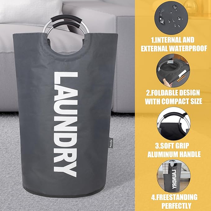 100L Laundry Basket, Collapsible Laundry Hamper with Padded Handles, Waterproof Laundry Bag, Tall Clothes Hamper Stand Up Well, Foldable Laundry Baskets for Easy Storage(Printed Dark Grey)