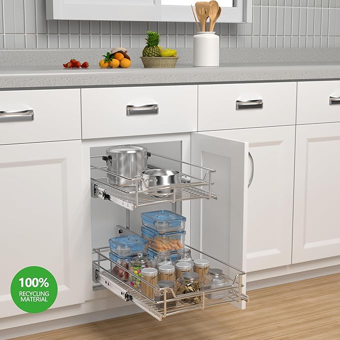 JOWBOOW 2-Tier Individual Cabinet Pull Out Shelves (9" W x 22" D), Slide Out Kitchen Panty Narrow Cabinet Storage Sliding Shelves