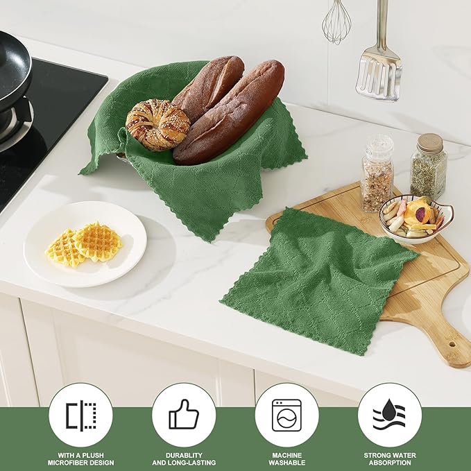 Homaxy Kitchen Towels and Dishcloths Set, 10 x 10 and 13 x 19 Inches, Set of 12 Super Soft and Absorbent Coral Velvet Kitchen Towels, No Lint and Nonstick Oil Fast Drying Dish Towel, Grass Green