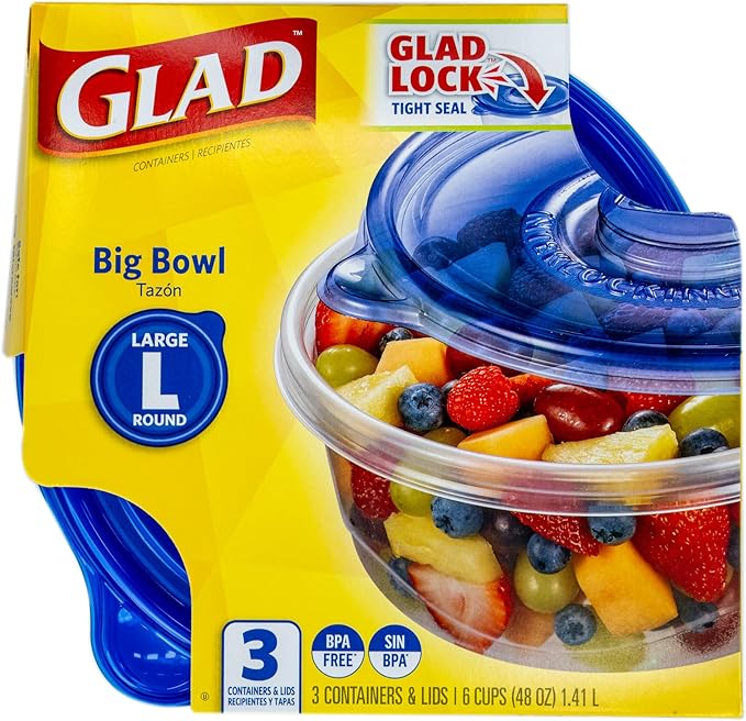 Glad GladWare Big Bowl Food Storage Containers, Large Round Bowl Holds 48 Ounces of Food - Glad Food Storage Containers for Everyday Use to Preserve Freshness, 3 Count
