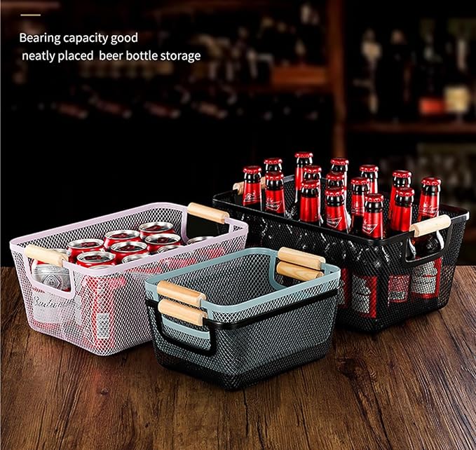 Metal Mesh Steel Basket, Large Wire Storage Organizer Basket Multi-function Hanging Kitchen Baskets with Wood Handle for Kitchen Bathroom Picnic Home, Rectangle-Purple