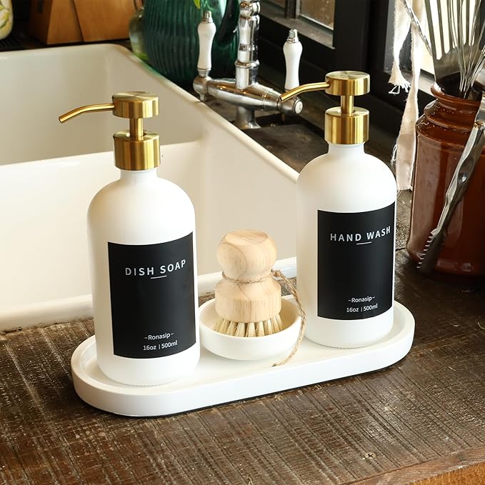 Set of 5 Kitchen Soap Dispenser Set 16 Oz Glass Hand Dish Soap Dispenser with Stainless Steel Pump, Cement Tray, Dish Scrub Brush for Farmhouse Rustic Home Bathroom Decor (White)