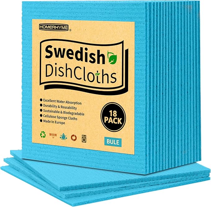 HOMERHYME Swedish Dishcloths, 18 Pack Kitchen Towels Dish Rags, Absorbent Swedish Dish Towels for Kitchen, Non-Scratch Cellulose Sponge Cloths, Biodegradable Washable Reusable Paper Towels, Blue