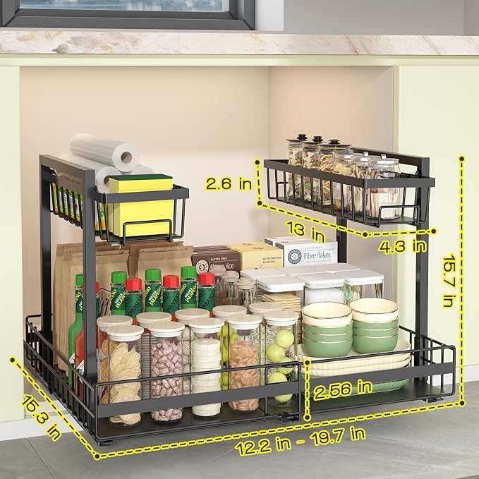 NADAMOO Expandable Under Sink Organizer 2-Tier Black Metal Storage Shelf, Adjustable Under Cabinet Organizer for Kitchen & Bathroom, Space-Saving Rack for Cleaning Supplies & Laundry Essentials
